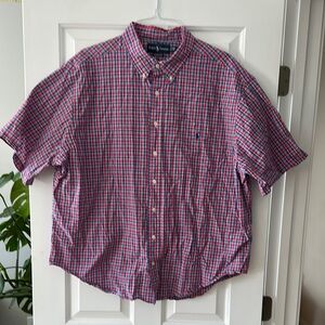 Pink and Navy Plaid Casual Button Down Shirt with Short Sleeves